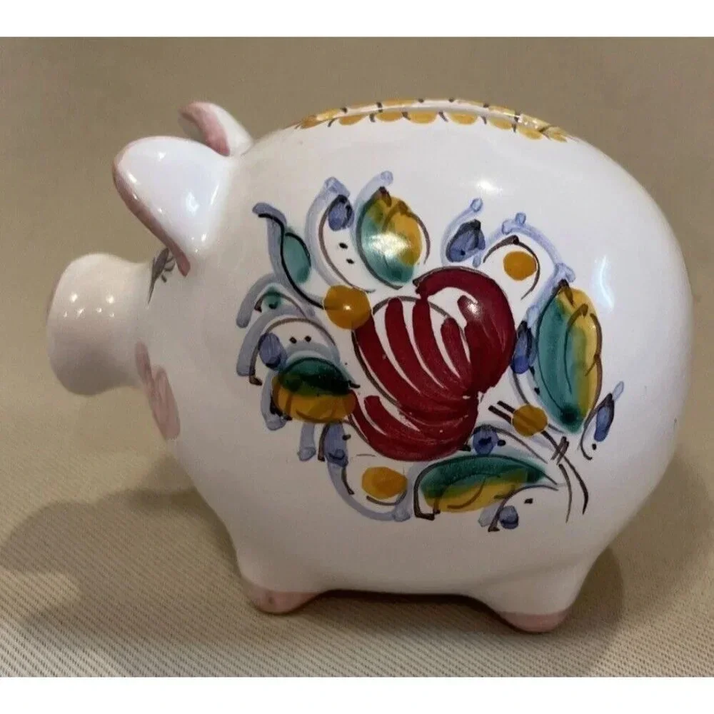 Ceramic Slovenska‎ Folk Art Piggy Pig Bank Figure Colorful Floral Hearts